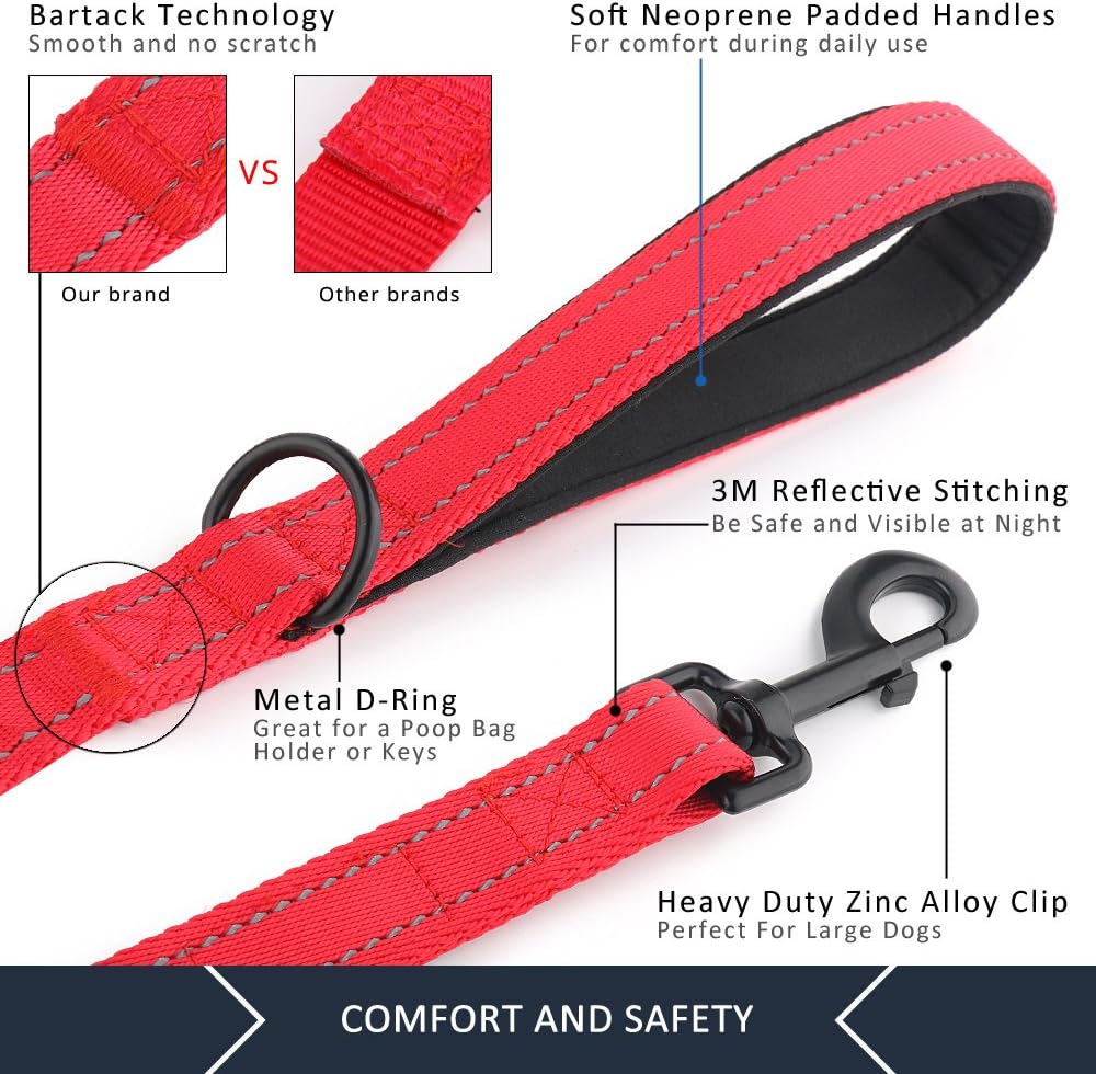 Pet Double Handle Dog Leash, 6ft, Padded, Heavy Duty, Reflective, Red, 2 Handle Leads