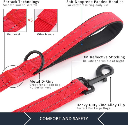 Pet Double Handle Dog Leash, 6ft, Padded, Heavy Duty, Reflective, Red, 2 Handle Leads