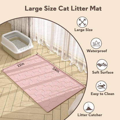 Silicone Cat Litter Trapping Mat, Large Waterproof 34" X 22" Cat Litter Box Mat, Easy to Clean, Pink