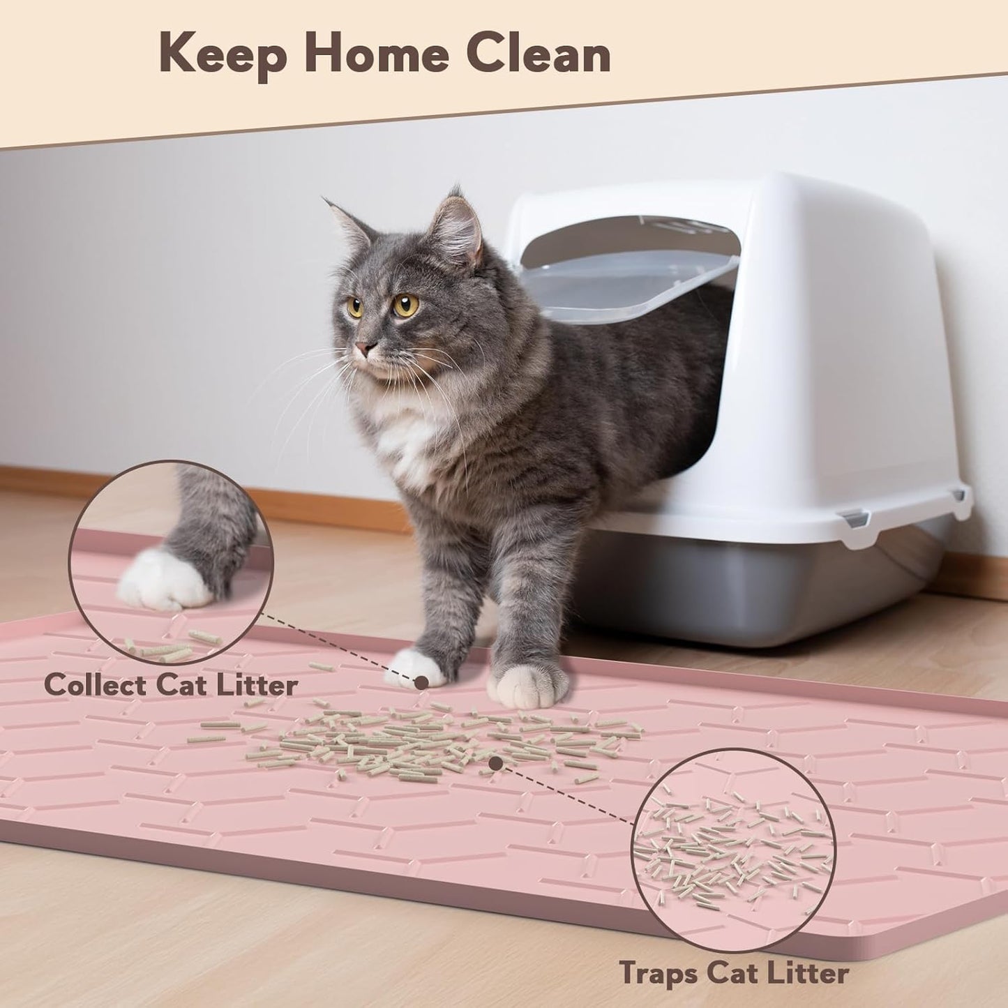 Silicone Cat Litter Trapping Mat, Large Waterproof 34" X 22" Cat Litter Box Mat, Easy to Clean, Pink