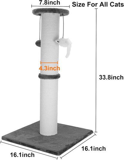 Cat Scratching Post 34 Inches Heavy Duty and Thicker Cat Scratching Post Cotton Rope with Hanging Ball and Mice Scratching Post for Indoor Cats and Adult(Grey)